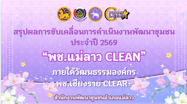 พช.แม่ลาว>>>สรุปผลการขับเคลื่อนการดำเนินงานพัฒนาชุมชน ประจำปีงบประมาณ พ.ศ. 2569 สำนักงานพัฒนาชุมชนอำเภอแม่ลาว จังหวัดเชียงราย MAELAO CLEAN ภายใต้วัฒนธรรมองค์กร พช.เชียงราย CLEAR+