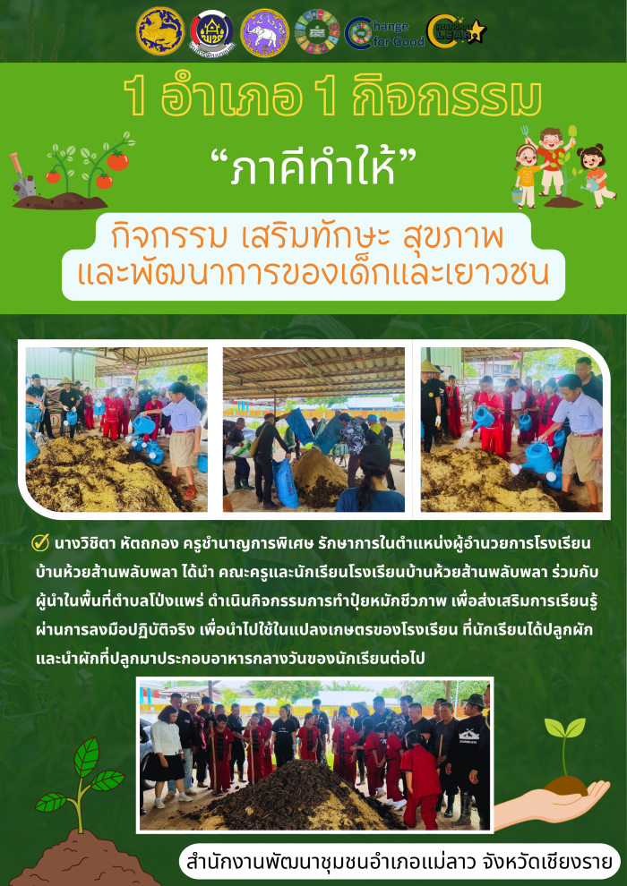 สำนักงานพัฒนาชุมชนอำเภอแม่ลาว 1 อำเภอ 1 กิจกรรม เสริมทักษะ สุขภาพ และพัฒนาการของเด็กและเยาวชน ณ ศูนย์พัฒนาเด็กเล็ก โรงเรียน หรือ ศาสนสถาน