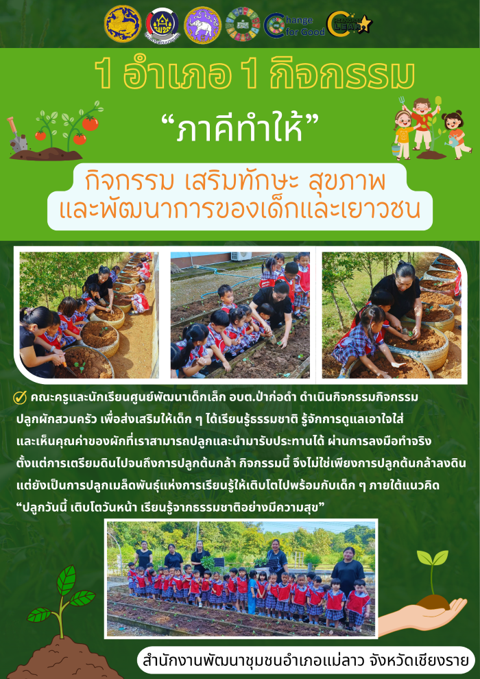 สำนักงานพัฒนาชุมชนอำเภอแม่ลาว 1 อำเภอ 1 กิจกรรม เสริมทักษะ สุขภาพ และพัฒนาการของเด็กและเยาวชน ณ ศูนย์พัฒนาเด็กเล็ก โรงเรียน หรือ ศาสนสถาน
